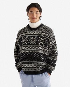 Roots Falling Snow Fair Isle Crew - BLACK & WHITE