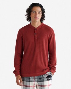 Roots Waffle Long Sleeve Henley - ROSEWOOD RED