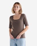 Roots Pointelle Square Neck Short Sleeve T-shirt - ACORN BROWN
