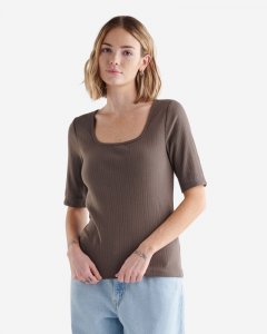 Roots Pointelle Square Neck Short Sleeve T-shirt - ACORN BROWN