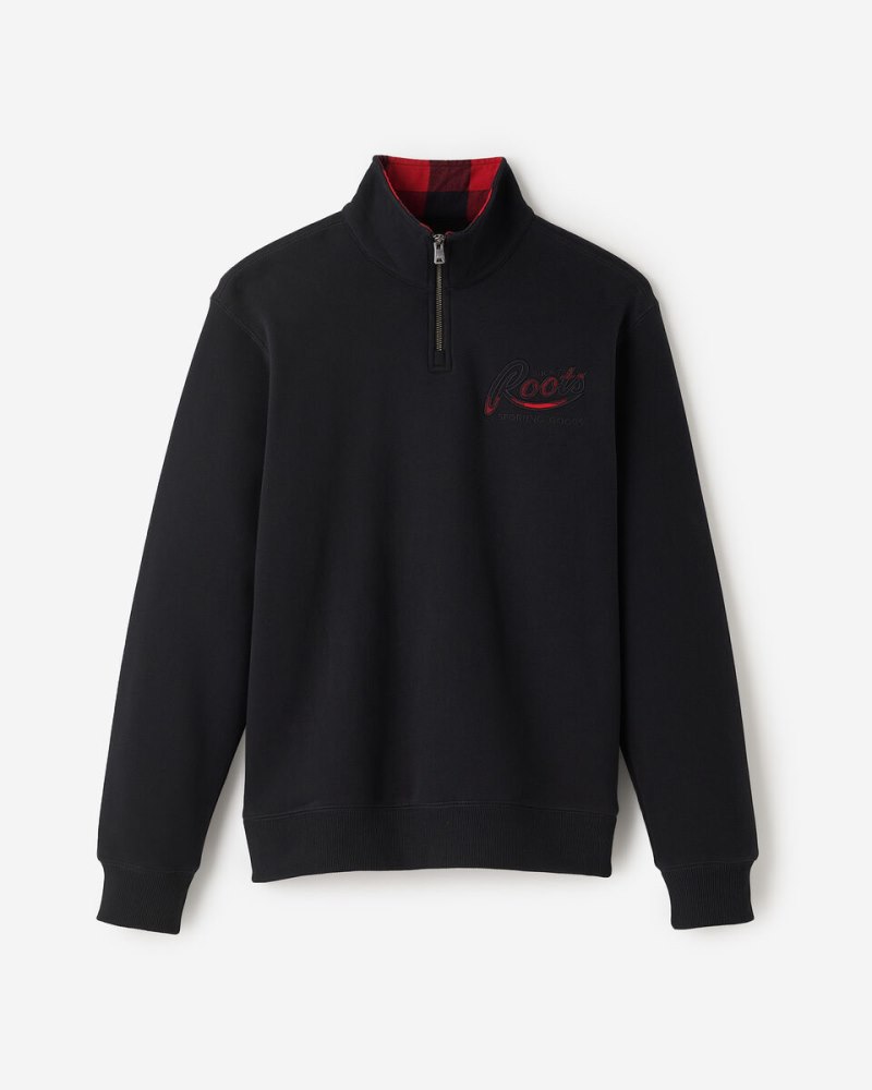 Roots Plaid Applique Half Zip Stein - BLACK