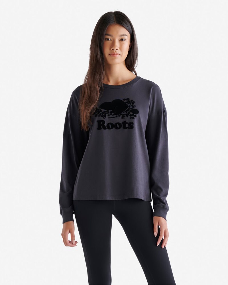 Roots Womens Organic Cooper Long Sleeve T-shirt - GRAPHITE