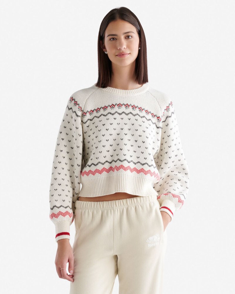 Roots Cabin Fair Isle Crew Sweater - EGRET