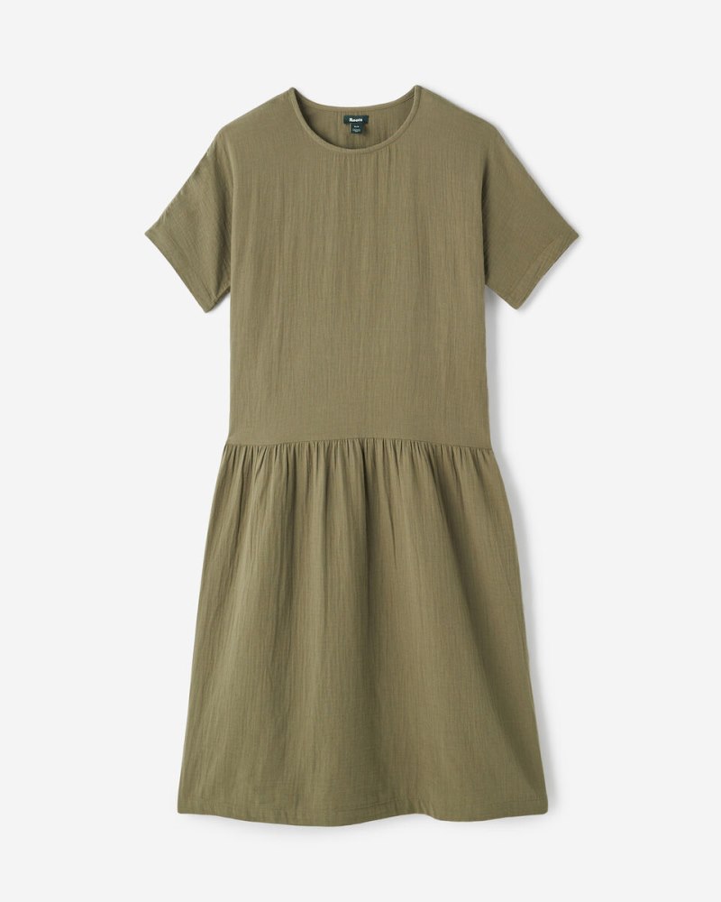 Roots Isla Gauze Drop Waist Dress - DEEP LICHEN GREEN